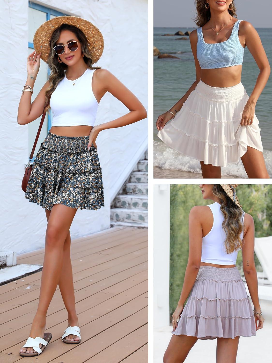 imageCaracilia Womens Summer Flowy Mini Skorts Skirts High Waist Ruffle Tiered Casual Cute Boho Beach Short Skirts Builtin ShortsMulticolor Floral