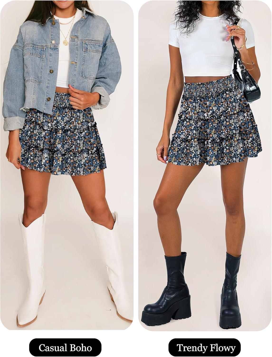 imageCaracilia Womens Summer Flowy Mini Skorts Skirts High Waist Ruffle Tiered Casual Cute Boho Beach Short Skirts Builtin ShortsMulticolor Floral