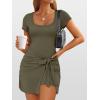imageCaracilia Women Summer Short Sleeve Square Neck Bodycon Tie Cinched Waist Romper Mini Dress Athletic Night Out Vacation DressArmy Green