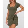 imageCaracilia Women Summer Short Sleeve Square Neck Bodycon Tie Cinched Waist Romper Mini Dress Athletic Night Out Vacation DressArmy Green