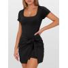imageCaracilia Women Summer Short Sleeve Square Neck Bodycon Tie Cinched Waist Romper Mini Dress Athletic Night Out Vacation DressBlack