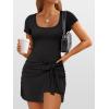 imageCaracilia Women Summer Short Sleeve Square Neck Bodycon Tie Cinched Waist Romper Mini Dress Athletic Night Out Vacation DressBlack
