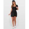 imageCaracilia Women Summer Short Sleeve Square Neck Bodycon Tie Cinched Waist Romper Mini Dress Athletic Night Out Vacation DressBlack