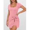 imageCaracilia Women Summer Short Sleeve Square Neck Bodycon Tie Cinched Waist Romper Mini Dress Athletic Night Out Vacation DressCoral
