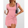 imageCaracilia Women Summer Short Sleeve Square Neck Bodycon Tie Cinched Waist Romper Mini Dress Athletic Night Out Vacation DressCoral