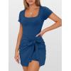 imageCaracilia Women Summer Short Sleeve Square Neck Bodycon Tie Cinched Waist Romper Mini Dress Athletic Night Out Vacation DressDark Blue