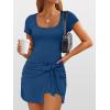 imageCaracilia Women Summer Short Sleeve Square Neck Bodycon Tie Cinched Waist Romper Mini Dress Athletic Night Out Vacation DressDark Blue