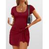 imageCaracilia Women Summer Short Sleeve Square Neck Bodycon Tie Cinched Waist Romper Mini Dress Athletic Night Out Vacation DressDark Red