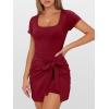imageCaracilia Women Summer Short Sleeve Square Neck Bodycon Tie Cinched Waist Romper Mini Dress Athletic Night Out Vacation DressDark Red