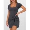 imageCaracilia Women Summer Short Sleeve Square Neck Bodycon Tie Cinched Waist Romper Mini Dress Athletic Night Out Vacation DressDeep Grey