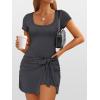 imageCaracilia Women Summer Short Sleeve Square Neck Bodycon Tie Cinched Waist Romper Mini Dress Athletic Night Out Vacation DressDeep Grey