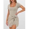 imageCaracilia Women Summer Short Sleeve Square Neck Bodycon Tie Cinched Waist Romper Mini Dress Athletic Night Out Vacation DressKhaki  Parchment