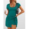 imageCaracilia Women Summer Short Sleeve Square Neck Bodycon Tie Cinched Waist Romper Mini Dress Athletic Night Out Vacation DressLake  Grey Green