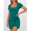 imageCaracilia Women Summer Short Sleeve Square Neck Bodycon Tie Cinched Waist Romper Mini Dress Athletic Night Out Vacation DressLake  Grey Green