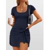 imageCaracilia Women Summer Short Sleeve Square Neck Bodycon Tie Cinched Waist Romper Mini Dress Athletic Night Out Vacation DressNavy Blue