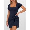 imageCaracilia Women Summer Short Sleeve Square Neck Bodycon Tie Cinched Waist Romper Mini Dress Athletic Night Out Vacation DressNavy Blue