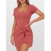 imageCaracilia Women Summer Short Sleeve Square Neck Bodycon Tie Cinched Waist Romper Mini Dress Athletic Night Out Vacation DressRust Red