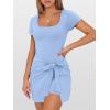 imageCaracilia Women Summer Short Sleeve Square Neck Bodycon Tie Cinched Waist Romper Mini Dress Athletic Night Out Vacation DressSky Blue