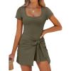 imageCaracilia Women Summer Short Sleeve Square Neck Bodycon Tie Cinched Waist Romper Mini Dress Athletic Night Out Vacation DressArmy Green
