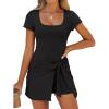 imageCaracilia Women Summer Short Sleeve Square Neck Bodycon Tie Cinched Waist Romper Mini Dress Athletic Night Out Vacation DressBlack