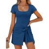imageCaracilia Women Summer Short Sleeve Square Neck Bodycon Tie Cinched Waist Romper Mini Dress Athletic Night Out Vacation DressDark Blue