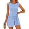 imageCaracilia Women Summer Sleeveless Bodycon Tie Cinched Waist Romper Skort Mini Dress Built in Shorts Night Out Vacation DressSky Blue