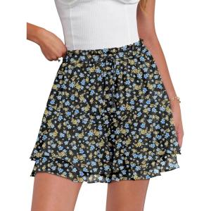 imageCaracilia Skorts for Women Boho Casual Beach Mini Skirts Summer Floral Ruffle Chiffon Flowy Shorts 2025 Trendy OutfitsBlack Blue Floral