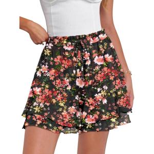 imageCaracilia Skorts for Women Boho Casual Beach Mini Skirts Summer Floral Ruffle Chiffon Flowy Shorts 2025 Trendy OutfitsBlack Orange Floral