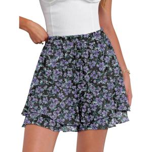 imageCaracilia Skorts for Women Boho Casual Beach Mini Skirts Summer Floral Ruffle Chiffon Flowy Shorts 2025 Trendy OutfitsBlack Purple Floral