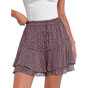 imageCaracilia Skorts for Women Boho Casual Beach Mini Skirts Summer Floral Ruffle Chiffon Flowy Shorts 2025 Trendy OutfitsBlack With Floral Pink