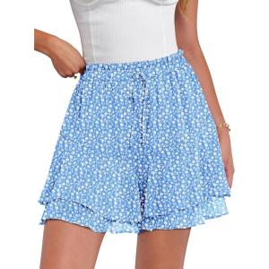 imageCaracilia Skorts for Women Boho Casual Beach Mini Skirts Summer Floral Ruffle Chiffon Flowy Shorts 2025 Trendy OutfitsBlue White Floral
