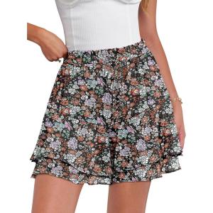 imageCaracilia Skorts for Women Boho Casual Beach Mini Skirts Summer Floral Ruffle Chiffon Flowy Shorts 2025 Trendy OutfitsBrown Pink Floral