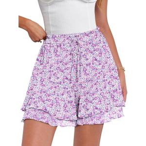 imageCaracilia Skorts for Women Boho Casual Beach Mini Skirts Summer Floral Ruffle Chiffon Flowy Shorts 2025 Trendy OutfitsPurple Floral