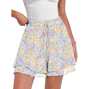 imageCaracilia Skorts for Women Boho Casual Beach Mini Skirts Summer Floral Ruffle Chiffon Flowy Shorts 2025 Trendy OutfitsPurple Yellow Floral