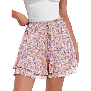imageCaracilia Skorts for Women Boho Casual Beach Mini Skirts Summer Floral Ruffle Chiffon Flowy Shorts 2025 Trendy OutfitsWhite Blue Floral