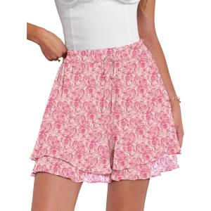 imageCaracilia Skorts for Women Boho Casual Beach Mini Skirts Summer Floral Ruffle Chiffon Flowy Shorts 2025 Trendy OutfitsWhite Red Floral