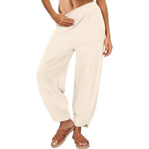 imageCaracilia Women Barrel Wide Leg Pants Casual Elastic Waist Loose Comfy Spring Vacation Travel Baggy Lounge SweatpantsBeige