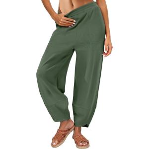 imageCaracilia Women Barrel Wide Leg Pants Casual Elastic Waist Loose Comfy Spring Vacation Travel Baggy Lounge SweatpantsGreen
