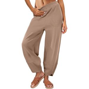 imageCaracilia Women Barrel Wide Leg Pants Casual Elastic Waist Loose Comfy Spring Vacation Travel Baggy Lounge SweatpantsKhaki