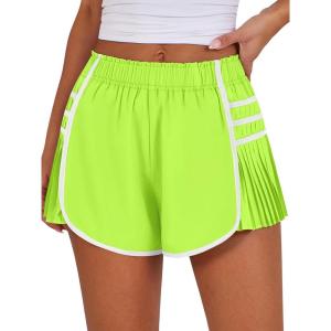 imageCaracilia Women Running Shorts Flowy Pleated Athletic Shorts Summer High Waisted Tennis Sporty Workout Gym ShortsNeon Yellow