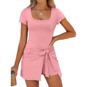 imageCaracilia Women Summer Short Sleeve Square Neck Bodycon Tie Cinched Waist Romper Mini Dress Athletic Night Out Vacation DressCoral