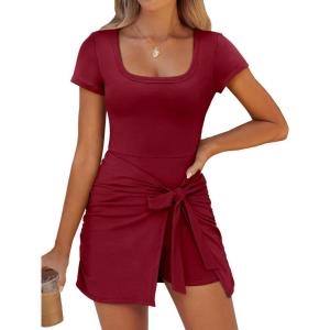 imageCaracilia Women Summer Short Sleeve Square Neck Bodycon Tie Cinched Waist Romper Mini Dress Athletic Night Out Vacation DressDark Red