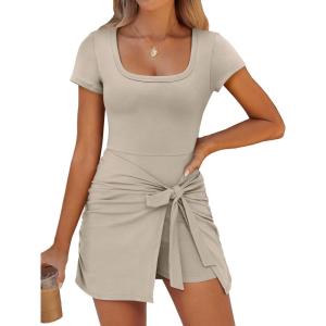 imageCaracilia Women Summer Short Sleeve Square Neck Bodycon Tie Cinched Waist Romper Mini Dress Athletic Night Out Vacation DressKhaki  Parchment