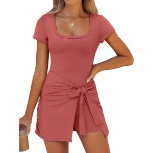 imageCaracilia Women Summer Short Sleeve Square Neck Bodycon Tie Cinched Waist Romper Mini Dress Athletic Night Out Vacation DressRust Red
