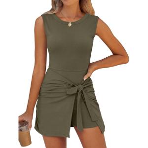 imageCaracilia Women Summer Sleeveless Bodycon Tie Cinched Waist Romper Skort Mini Dress Built in Shorts Night Out Vacation DressArmy Green