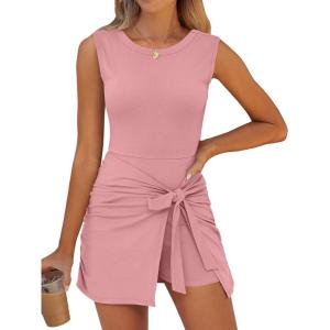 imageCaracilia Women Summer Sleeveless Bodycon Tie Cinched Waist Romper Skort Mini Dress Built in Shorts Night Out Vacation DressCoral