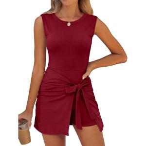 imageCaracilia Women Summer Sleeveless Bodycon Tie Cinched Waist Romper Skort Mini Dress Built in Shorts Night Out Vacation DressDark Red