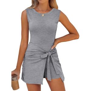 imageCaracilia Women Summer Sleeveless Bodycon Tie Cinched Waist Romper Skort Mini Dress Built in Shorts Night Out Vacation DressLight Gray