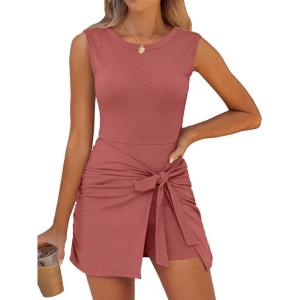 imageCaracilia Women Summer Sleeveless Bodycon Tie Cinched Waist Romper Skort Mini Dress Built in Shorts Night Out Vacation DressRust Red