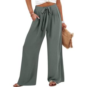 imageCaracilia Women Wide Leg Palazzo Pants Summer High Waist Flowy Casual Trousers Loose Lounge Beach Travel Vacation ClothesBlue Green
